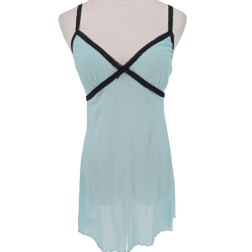 VTG 90s Victorias Secret Babydoll Dress M/L Blue Mesh Lace Trim Coquette Indie - Picture 3 of 13
